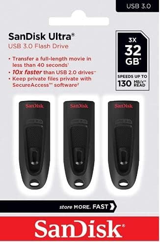 SanDisk Ultra 32GB USB 3.0 Flash Drive (Triple Pack) – Up to 130MB/s, Password Protection, RescuePRO Data Recovery – Black