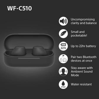 Sony WF-C510 Truly Wireless Earbuds – Lightweight Bluetooth In-Ear Headphones with Multipoint Connection, Ambient Sound, IPX4, Spotify Tap, Quick Charge, 22-Hour Battery, iOS & Android Compatible (Black)