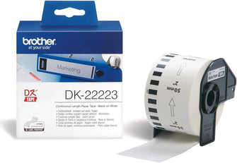 Brother DK-22223 Label Roll – Continuous Length Paper, Black on White, 50mm x 30.48m, Single Roll, Genuine Brother Supplies