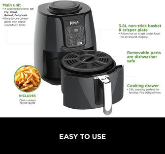 Ninja Air Fryer 3.8L - 4-in-1, No Oil, Air Fry, Roast, Reheat, Dehydrate, Digital, Non-Stick, Dishwasher Safe, 2-4 Portions, Grey & Black - AF100UK