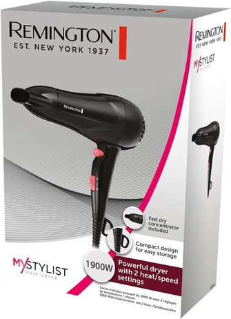 Remington Hair Dryer [Compact Blow Dryer] My Stylist (Powerful 1900W Performance, 2 Heat/Speed Settings with Cool Shot, Fast Dry Concentrator, Ceramic Ionic Grille for Even Heat, Black/Pink) D2000