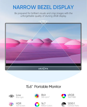 ARZOPA Portable Monitor, 15.6" 1920×1080 FHD IPS Portable Monitor for Laptop with Kickstand