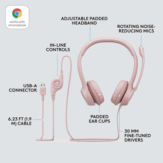 Logitech H390 Wired Headset - USB-A, Noise Cancelling Microphone, In-Line Controls, Stereo Sound, Compatible with PC/Laptop/Chromebook - Rose