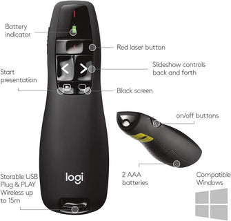 Logitech R400 Wireless Presentation Remote, 2.4 GHz, USB-Receiver, Red Laser Pointer, 15-Meter Operating Range, 6 Buttons, Intuitive Slideshow Control, Battery Indicator, PC - Black