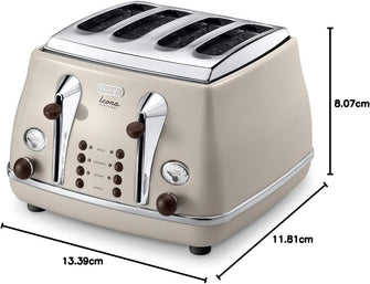 De'Longhi Icona Vintage 4-Slot Toaster - Reheat, Defrost, One-Side Bagel, 6 Browning Settings, Beige - CTOV4003BG