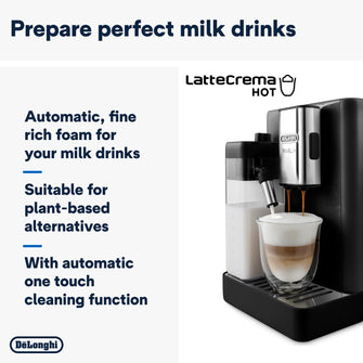 De'Longhi Rivelia EXAM440.55.B, Fully Automatic Coffee Machine with LatteCrema Hot, Automatic Milk Frother, Compact Size Bean to Cup Coffee Machine, 16 Recipes, Full Touch Coloured Display Black