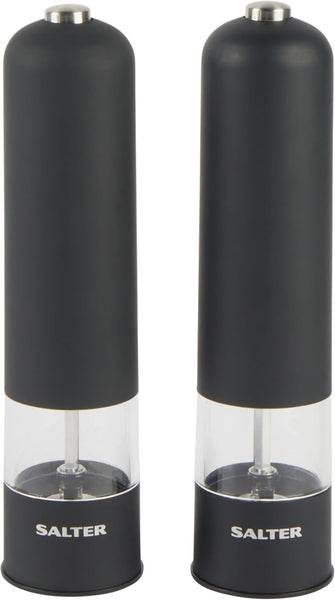 Salter 7524 BKXR Electric Salt & Pepper Grinder Set – Battery Powered, One-Touch Operation, Ceramic Mechanism, Soft Touch Finish, BPA-Free