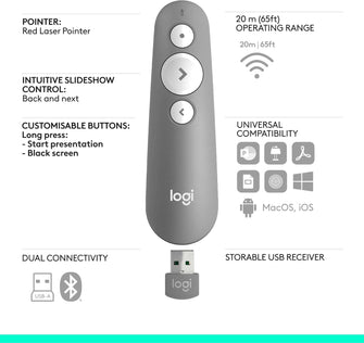 Buy Logitech,Logitech R500s Laser Class 1 Presenter Bluetooth and USB / Presentation Clicker - Universal Compatibility, 20m range, Customisable, Smart Battery 12 months usage - Light Grey - Gadcet UK | UK | London | Scotland | Wales| Near Me | Cheap | Pay In 3 | Laserjet Printer