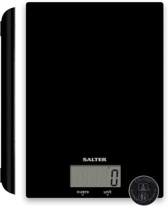 Salter 1170 BKDR Digital Kitchen Scale – 5kg Capacity, Slim Glass Platform, Add & Weigh, LCD Display, Battery Included – Black