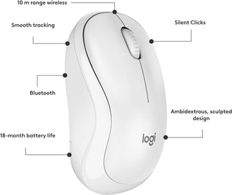 Logitech M240 Silent Bluetooth Mouse, Wireless, Compact, Portable, Smooth Tracking, 18-Month Battery, for Windows, macOS, ChromeOS, Compatible with PC, Mac, Laptop, Tablets - White