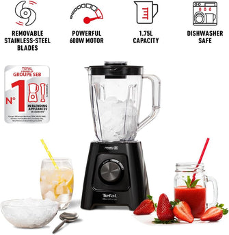 Tefal Blendforce II Blender - 2L Plastic Jug, 1.25L Effective Capacity, 600W, 4 Removable Stainless Steel Blades, Smoothie & Ice Crush, 2 Speeds + Pulse, Black (BL420840)