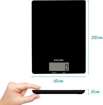 Salter 1170 BKDR Digital Kitchen Scale – 5kg Capacity, Slim Glass Platform, Add & Weigh, LCD Display, Battery Included – Black