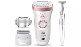 Braun Silk-épil 9 Epilator, With Shaver & Trimmer Head, Shave, Trim & Epilate For Long-Lasting Smooth Skin, Provides Smooth Skin For Weeks, 100% Waterproof, 2 Pin Bathroom Plug, 9-720, White/Pink - 1