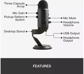 Logitech Blue Yeti USB Microphone for PC, Mac, Gaming, Recording, Streaming, Podcasting, Studio and Computer Condenser Mic with Blue VO!CE effects, 4 Pickup Patterns, Plug and Play – Black - 8