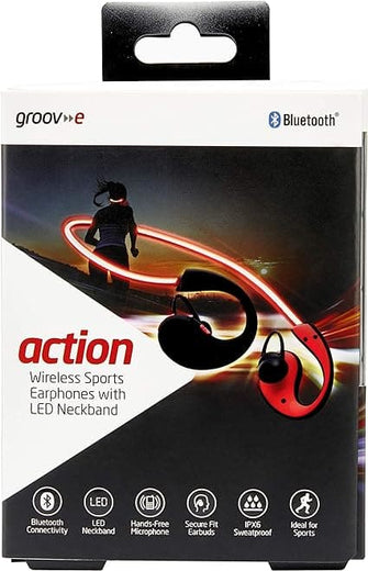 Groov-e Action Bluetooth Wireless In-Earphones with LED Neckband, IPX6 Sweatproof, Secure Fit Earbuds, Hands-Free Calling - Ideal for Gym/Sports - Red - 3