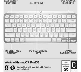 LOGITECH MX Keys Mini for Mac Wireless Keyboard - Pale Grey - 6