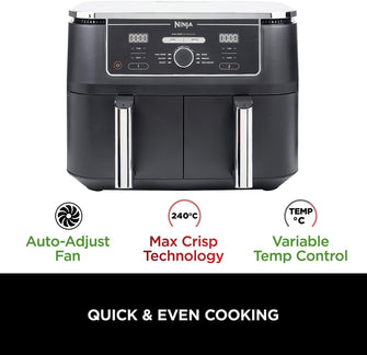 Ninja Foodi MAX Dual Zone Digital Air Fryer, 2 Drawers, 9.5L, 6-in-1, Uses No Oil, Max Crisp, Roast, Bake, Reheat, Dehydrate, Cook 8 Portions, Non-Stick Dishwasher Safe Baskets, Black - 1