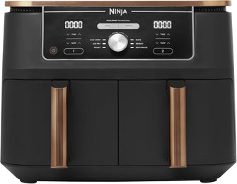 Ninja Foodi MAX Dual Zone Air Fryer, Amazon Exclusive, Tongs, 2 Drawers, 9.5L, 6-in-1, Use No Oil, Air Fry, Max Crisp, Roast, Bake, 8 Portions, Nonstick Dishwasher Safe Baskets, Copper/Black AF400UKCP  - 1