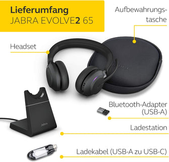 Jabra Evolve2 65 Wireless PC Headset with Charging Stand – Noise Cancelling Microsoft Teams Certified Stereo Headphones With Long-Lasting Battery – USB-A Bluetooth Adapter – Black - 2