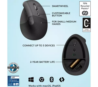 Logitech Lift Vertical Ergonomic Mouse, Wireless, Bluetooth or Logi Bolt USB receiver, Quiet clicks, 4 buttons, compatible with Windows/macOS/iPadOS, Laptop, PC - Graphite - 5