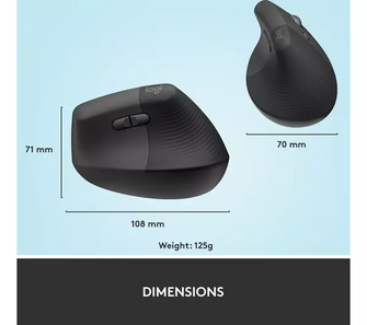 Logitech Lift Vertical Ergonomic Mouse, Wireless, Bluetooth or Logi Bolt USB receiver, Quiet clicks, 4 buttons, compatible with Windows/macOS/iPadOS, Laptop, PC - Graphite - 7