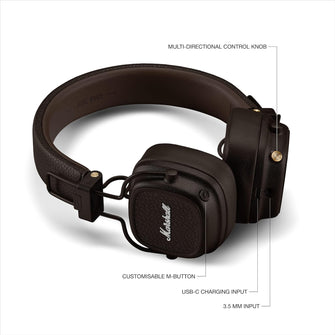 Marshall Major V Bluetooth Wireless Headphones, 100 Hours playtime - Brown - 5