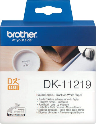 Brother DK-11219 Label Roll – Round Labels, Black on White, 12mm, 1200 Labels, Genuine Brother Supplies