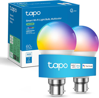 Tapo Smart Bulb B22 (2-Pack) – Multicolour, 60W Energy-Saving, Works with Alexa & Google Home, No Hub Required (Tapo L530B) [Energy Class F]