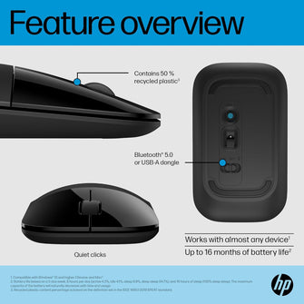 HP Z3700 Dual Black Wireless Mouse – Bluetooth 5.0, 1600 DPI Optical Sensor, AES Technology, Multi-Surface Compatibility, Up to 16-Month Battery Life