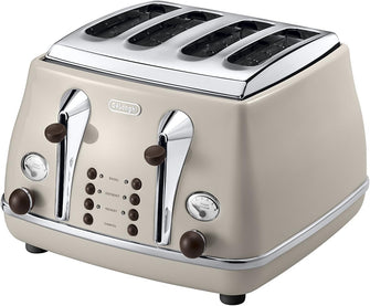 De'Longhi Icona Vintage 4-Slot Toaster - Reheat, Defrost, One-Side Bagel, 6 Browning Settings, Beige - CTOV4003BG