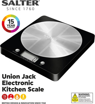 Salter Digital Kitchen Scale – 5kg Capacity, Add & Weigh, Aquatronic for Liquids, LCD Display, Stainless Steel Union Jack Design