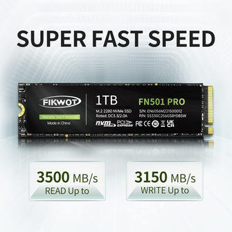 Fikwot FN501 Pro NVMe SSD 1TB M.2 2280, PCIe Gen3 x4, Up to 3500MB/s, 3D TLC NAND, SLC Cache - Compatible with Laptops & Desktops