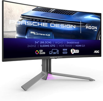 AOC AGON Pro PD34, 34-Inch WQHD OLED Gaming Monitor - 240Hz, 0.03ms, FreeSync Premium Pro, G-Sync Compatible, HDR400, 3440x1440, HDMI 2.1, DisplayPort, USB-C, 90W PD, USB Hub, Black