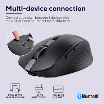 Trust Ozaa Silent Wireless Bluetooth Mouse - Rechargeable, Multi-Device, Compact, 60% Recycled Plastic, for PC/Laptop/Mac/Android - Black