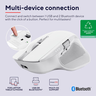 Trust Ozaa+ Multi-Device Wireless Mouse – Bluetooth & 2.4GHz, Silent, Programmable, Rechargeable, 60% Recycled Plastic, Side Scroll Wheel – White