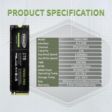 Fikwot FN501 Pro NVMe SSD 1TB M.2 2280, PCIe Gen3 x4, Up to 3500MB/s, 3D TLC NAND, SLC Cache - Compatible with Laptops & Desktops