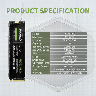 Fikwot FN501 Pro NVMe SSD 1TB M.2 2280, PCIe Gen3 x4, Up to 3500MB/s, 3D TLC NAND, SLC Cache - Compatible with Laptops & Desktops