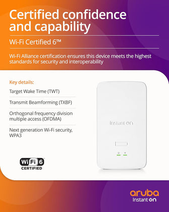 HPE Networking Instant On AP22D WiFi 6 Access Point – 2x2 Indoor Wireless, Smart Mesh Support, Single-Room Coverage (S1U77A) [Power Source Not Included]