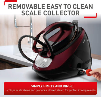 Tefal Pro Express Protect Steam Generator Iron – 1.8L, 7.5 Bar, 140g/min Continuous Steam, 560g/min Boost, 2600W, Removable Scale Collector – Burgundy & Black (GV9230)