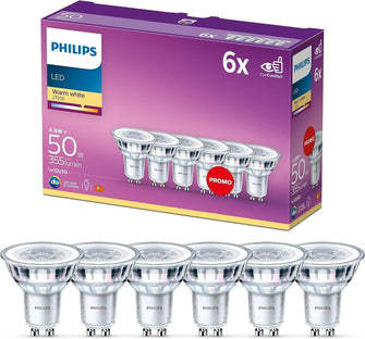 Philips LED Classic Light Bulb 6-Pack – GU10 Spot, 4.6W (50W Equivalent), Warm White (2700K), Non-Dimmable