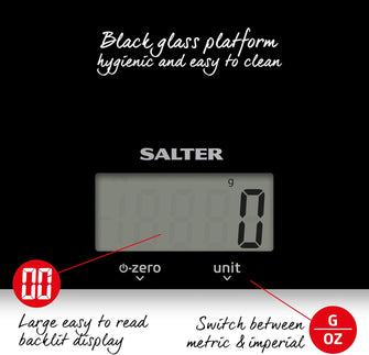 Salter 1170 BKDR Digital Kitchen Scale – 5kg Capacity, Slim Glass Platform, Add & Weigh, LCD Display, Battery Included – Black