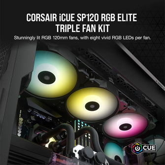 Corsair iCUE SP120 RGB ELITE 120mm PWM Triple Fan Kit - iCUE Lighting Node CORE, AirGuide Technology, 8 RGB LEDs, Low Noise (18 dBA), Up to 1500 RPM - Black