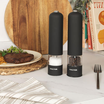 Salter 7524 BKXR Electric Salt & Pepper Grinder Set – Battery Powered, One-Touch Operation, Ceramic Mechanism, Soft Touch Finish, BPA-Free