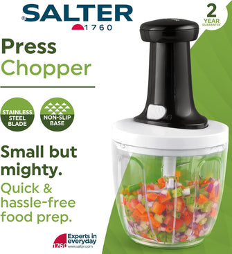 Salter BW12923EU7 Press Chopper – Manual Hand Dicer for Onion, Pepper, Garlic, Ginger, Herbs, Chillies, Stainless Steel Blade, Non-Slip, Easy to Clean, Compact Storage