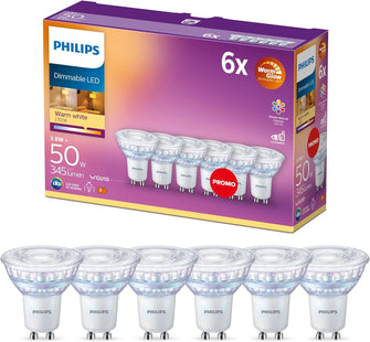 Philips WarmGlow 6-Pack Dimmable LED Light Bulbs – GU10 Spot, 3.8W (50W Equivalent), 2700-2200K, Relaxed Home Lighting, Energy Class F