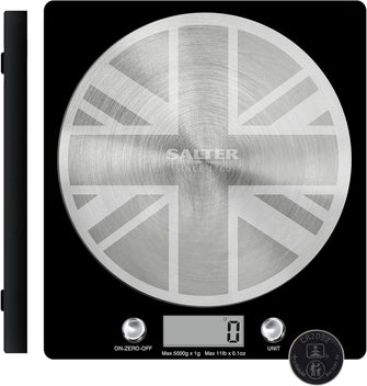 Salter Digital Kitchen Scale – 5kg Capacity, Add & Weigh, Aquatronic for Liquids, LCD Display, Stainless Steel Union Jack Design