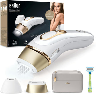 Braun IPL Silk Expert Pro 5 PL5124 - Permanent Hair Removal for Women & Men with Venus Razor, Precision Head & Pouch, White/Gold