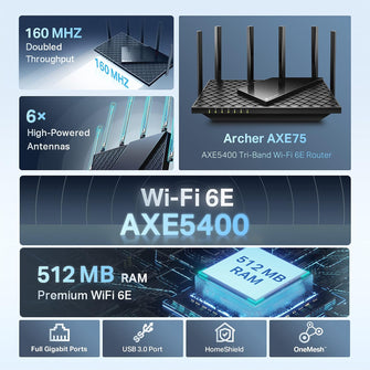 TP-Link Archer AXE75 AXE5400Mbps WiFi 6E Router Tri-Band, WiFi Router, Gigabit Ethernet Ports, USB 3.0, WiFi Booster, 512MB RAM, OneMesh, WPA3, Ideal for Gaming, HomeShield, Compatible with Alexa