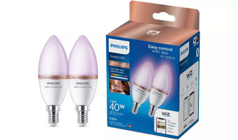 Philips WiZ E14 Colour Smart LED Wi-Fi Candle Bulbs - 2 Pack