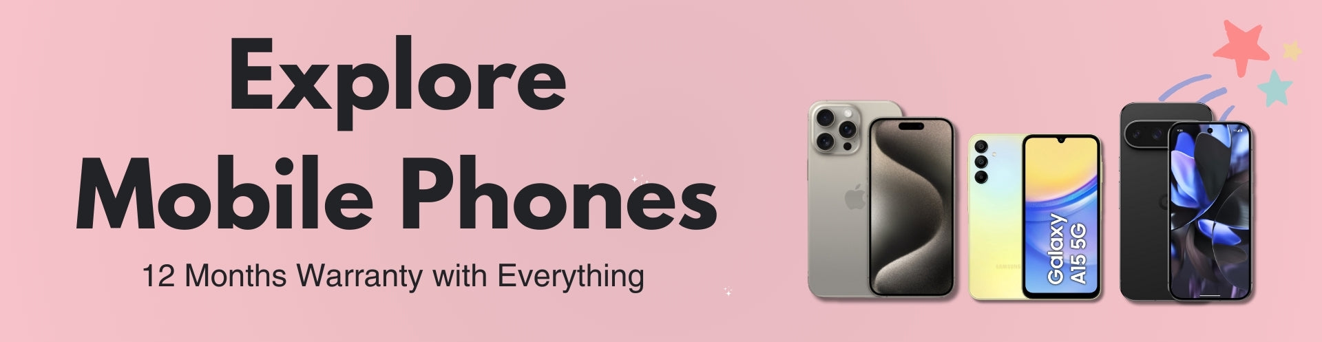 Explore Mobile Phones at Gadcet.com - All Phones Come with 12 Months Warranty. Featured devices include iPhone, Samsung Galaxy A15 5G, and other top smartphone models. Trusted UK-based company with over 100,000 customers, offering free delivery on orders above £20 and a 12-month warranty for peace of mind.